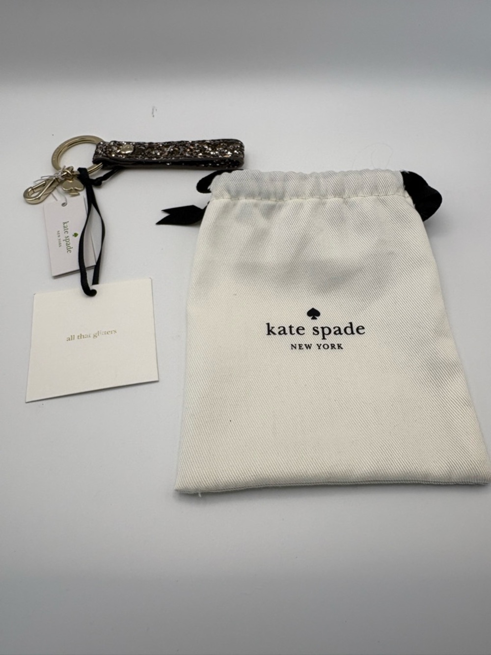 Kate Spade New York Brown/Gold Glitter Key Chain with Gold Key Ring & Logo Charm